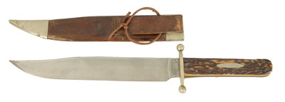 Lot 387 - AN ENGLISH STAG HORN HANDLED BOWIE KNIFE BY JOSEPH RODGERS & SONS