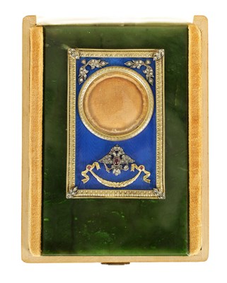 Lot 252 - FABERGE. AN EARLY 20TH CENTURY CASED RUSSIAN SILVER-GILT ENAMEL AND NEPHRITE PORTRAIT FRAME