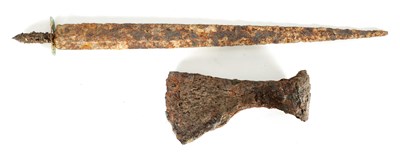 Lot 389 - AN EXCAVATED SCOTTISH DIRK AND AXE HEAD