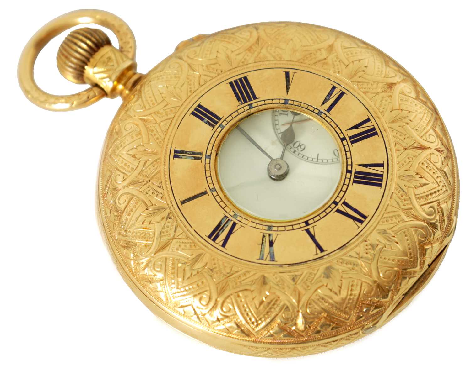 Lot 320 - J.W. BENSON, LONDON. A FULLY ENGRAVED 18CT GOLD HALF HUNTER POCKET  WATCH