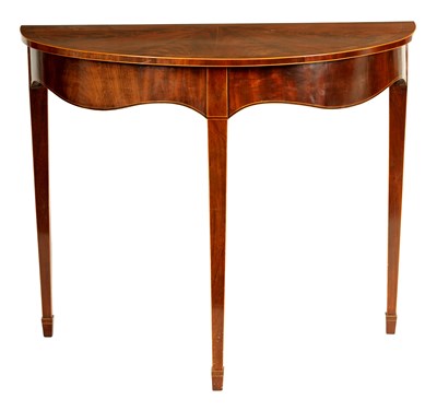 Lot 975 - A GEORGE III DEMI LUNE FLAME MAHOGANY INLAID SIDE TABLE