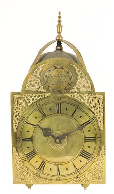 Lot 923 - SAMUEL GUY, LONDON. AN EARLY 18TH CENTURY BRASS LANTERN CLOCK