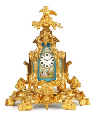 Lot 775 - A SMALL LATE 19TH CENTURY FRENCH PORCELAIN PANELLED ORMOLU CARRIAGE STYLE MANTEL CLOCK