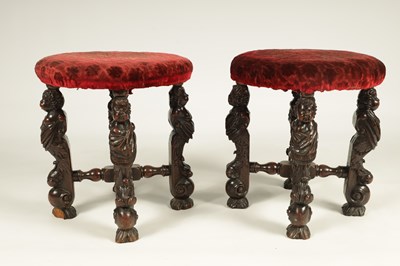 Lot 1081 - A GOOD PAIR OF CHARLES II CARVED WALNUT CIRCULAR UPHOLSTERED STOOLS