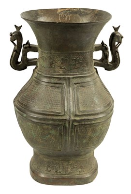 Lot 218 - A LARGE CHINESE MING DYNASTY SQUARE SECTION TWO-HANDLED BRONZE BALUSTER VASE