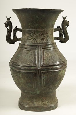 Lot 218 - A LARGE CHINESE MING DYNASTY SQUARE SECTION TWO-HANDLED BRONZE BALUSTER VASE