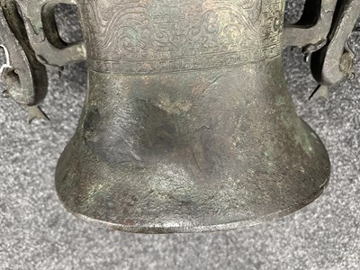 Lot 218 - A LARGE CHINESE MING DYNASTY SQUARE SECTION TWO-HANDLED BRONZE BALUSTER VASE