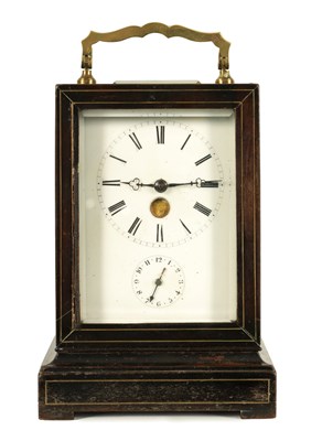 Lot 1273 - A 19TH CENTURY FRENCH EBONISED CARRIAGE CLOCK WITH MOONPHASE