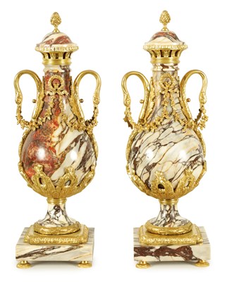 Lot 748 - A LARGE PAIR OF LATE 19TH CENTURY ORMOLU MOUNTED ROUGE MARBLE CASSOLETTES