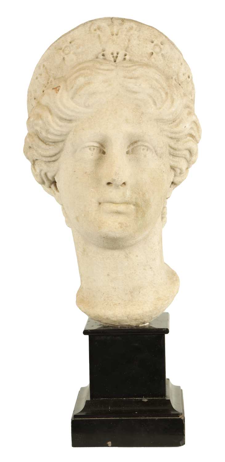 Lot 796 - AN INTERESTING 18TH CENTURY ITALIAN CARVED  MARBLE HEAD OF A GODDESS