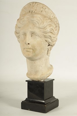 Lot 796 - AN INTERESTING 18TH CENTURY ITALIAN CARVED  MARBLE HEAD OF A GODDESS