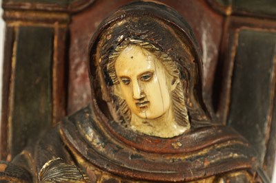 Lot 584 - AN 18TH CENTURY PORTUGUESE COLONIAL POLYCHROME CARVED WOOD AND IVORY SET SCULPTURE