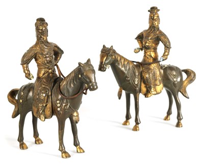 Lot 230 - A PAIR OF GILT BRONZE 18TH CENTURY STYLE CHINESE EQUESTRIAN FIGURES