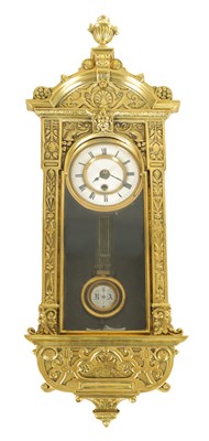 Lot 935 - A 19TH CENTURY MINIATURE BRASS AND EBONISED VIENNA STYLE WALL CLOCK