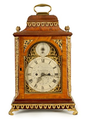 Lot 903 - M. NICOLASON, LONDON. A GEORGE III FIGURED MAHOGANY ORMOLU MOUNTED INVERTED BELL TOP EIGHT-DAY BRACKET CLOCK