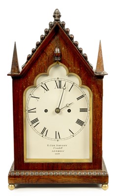 Lot 926 - T. COX SAVOY, CORNHILL, LONDON NUMBER 1610. AN EIGHT-DAY ROSEWOOD GOTHIC STYLE DOUBLE FUSEE BRACKET CLOCK