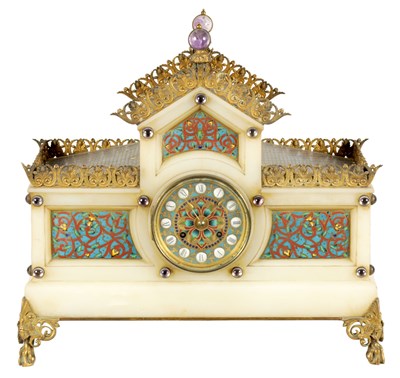 Lot 520 - LEFERVRE & FILS, PARIS. AN UNUSUAL 19TH CENTURY FRENCH ONYX AND CHAMPLEVE ENAMEL MANTEL CLOCK