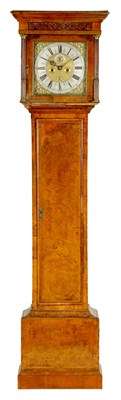 Lot 1003 - RICHARD SYMONDS, LONDON. A QUEEN ANNE FIGURED WALNUT EIGHT-DAY LONGCASE CLOCK