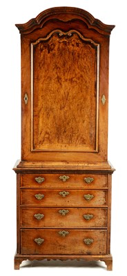 Lot 1188 - A GEORGE I FIGURED WALNUT SIDE CABINET OF SMALL PROPORTIONS