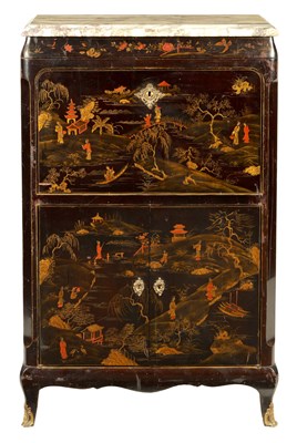 Lot 1077 - A LATE 19TH CENTURY FRENCH LACQUERED SECRETAIRE SIDE CABINET