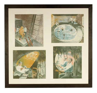 Lot 848 - ERIC RAVILIOUS (1903-1942) A FRAMED SET OF FOUR 20TH CENTURY LITHOGRAPHS DEPICTING SUBMARINE AND DEEP SEA DIVING EXERCISES