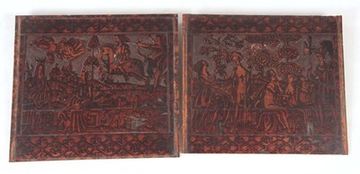 Lot 315 - AN INTERESTING PAIR OF 16TH CENTURY ITALIAN CARVED AND INK WORK FRUITWOOD PANELS