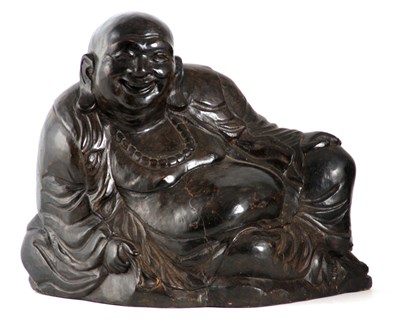 Lot 198 - A 19TH CENTURY CHINESE CARVED HARDWOOD SCULPTURE OF A SEATED BUDDHA