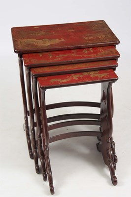 Lot 102 - A SET OF 19TH CENTURY SCARLET LACQUER CHINOISERIE DECORATED NEST OF TABLES