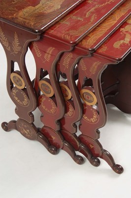 Lot 102 - A SET OF 19TH CENTURY SCARLET LACQUER CHINOISERIE DECORATED NEST OF TABLES
