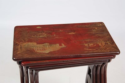 Lot 102 - A SET OF 19TH CENTURY SCARLET LACQUER CHINOISERIE DECORATED NEST OF TABLES
