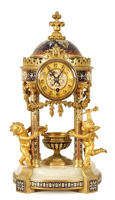 Lot 525 - A LATE 19TH CENTURY FRENCH CHAMPLEVE ENAMEL, ORMOLU AND ONYX FIGURAL MANTEL CLOCK