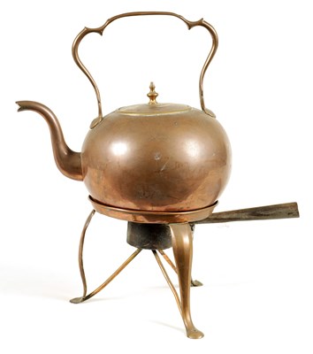 Lot 299 - AN UNUSUAL LATE GEORGE III SEAMED COPPER KETTLE ON STAND