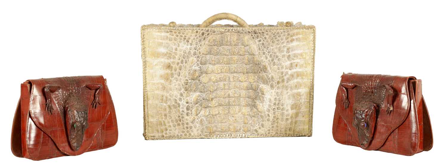 Lot 660 - A VINTAGE STITCHED CREAM CROCODILE SKIN SMALL SUITE CASE