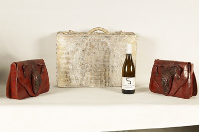 Lot 660 - A VINTAGE STITCHED CREAM CROCODILE SKIN SMALL SUITE CASE