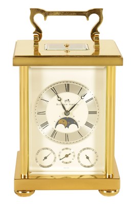 Lot 377 - MATTHEW NORMAN. A 19TH CENTURY STYLE SWISS BRASS REPEATING CARRIAGE CLOCK WITH ALARM, CALENDAR WORK AND MOON PHASE DIALS