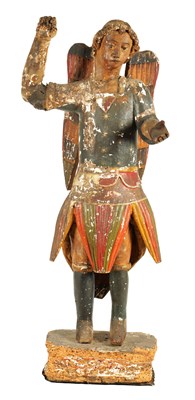 Lot 566 - A 17TH/18TH CENTURY COLONIAL CARVED POLYCHROME STANDING FIGURE OF ST. MICHAEL