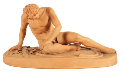 Lot 634 - A 19TH CENTURY DANISH TERRACOTTA SCULPTURE OF THE DYING GAUL STAMPED  P. IPSEN, KJOBENHAVN,  NUMBER 732