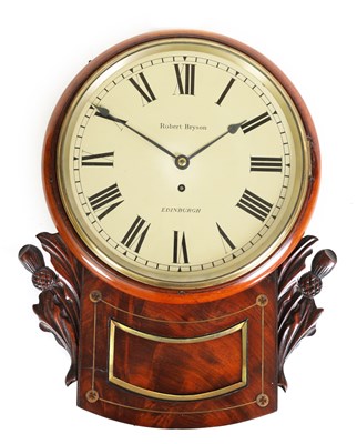 Lot 518 - ROBERT BRYSON, EDINBURGH. A LATE REGENCY SCOTTISH FIGURED MAHOGANY FUSEE WALL CLOCK