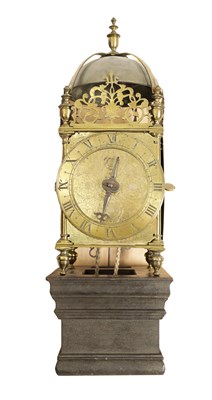 Lot 388 - A FIRST PERIOD ENGLISH BRASS LANTERN CLOCK