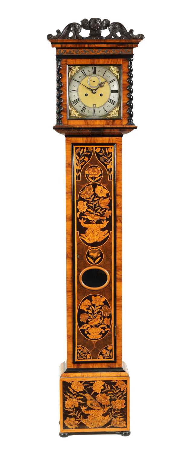 Lot 489 - JAMES CLOWES, LONDINI FECIT. A FINE WILLIAM AND MARY 10" MARQUETRY INLAID WALNUT LONGCASE CLOCK