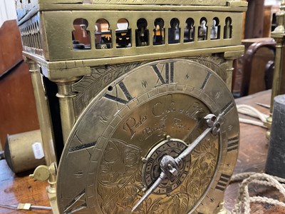 Lot 453 - PEETER CLOSON, HOLBORON BRIDGE FECIT. A RARE MID 17TH CENTURY ENGLISH BRASS LANTERN CLOCK