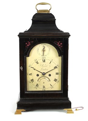 Lot 411 - SOUND, LONDON. A GEORGE III EBONISED DOUBLE FUSEE BRACKET CLOCK OF SMALL PROPORTIONS