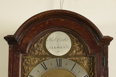 Lot 501 - RICHARD COMBER, LEWES. A GEORGE III HOODED BRASS DIAL WALL CLOCK