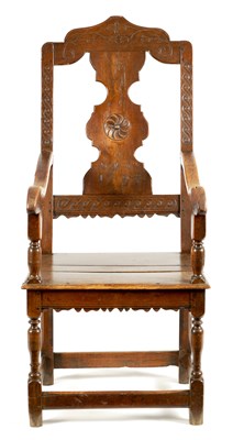 Lot 671 - A LATE 18TH CENTURY JOINED FRUITWOOD OPEN ARMCHAIR DATED 1793