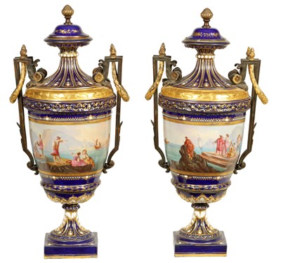 Lot 64 - A FINE PAIR OF 19TH CENTURY SEVRES AND ORMOLU MOUNTED PORCELAIN VASES