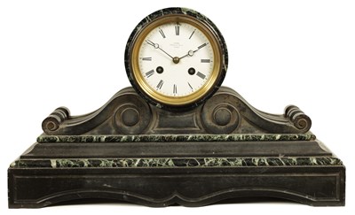 Lot 380 - GROHÉ, 7 WIGMORE STREET, LONDON. No. 28054 A LATE 19TH CENTURY FRENCH BLACK SLATE AND VERDE ANTICO MARBLE MANTEL CLOCK