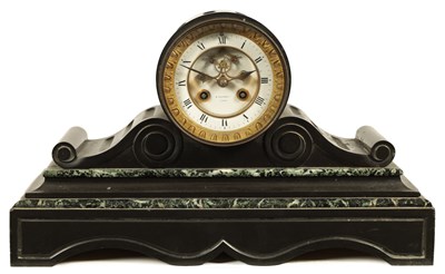 Lot 500 - A LATE 19TH CENTURY FRENCH BLACK SLATE AND VERDE ANTICO MARBLE MANTEL CLOCK