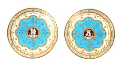 Lot 45 - A FINE PAIR OF 19TH CENTURY MINTONS RICHLY GILT LATTICE EDGE CABINET PLATES DECORATED BY L BOULLEMEIR