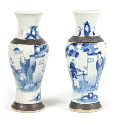 Lot 162 - A PAIR OF LATE 19TH CENTURY CHINESE BLUE AND WHITE CRACKLE GLAZE VASES