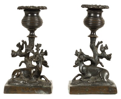 Lot 619 - A PAIR OF REGENCY ANIMALIER BRONZE CANDLESTICKS